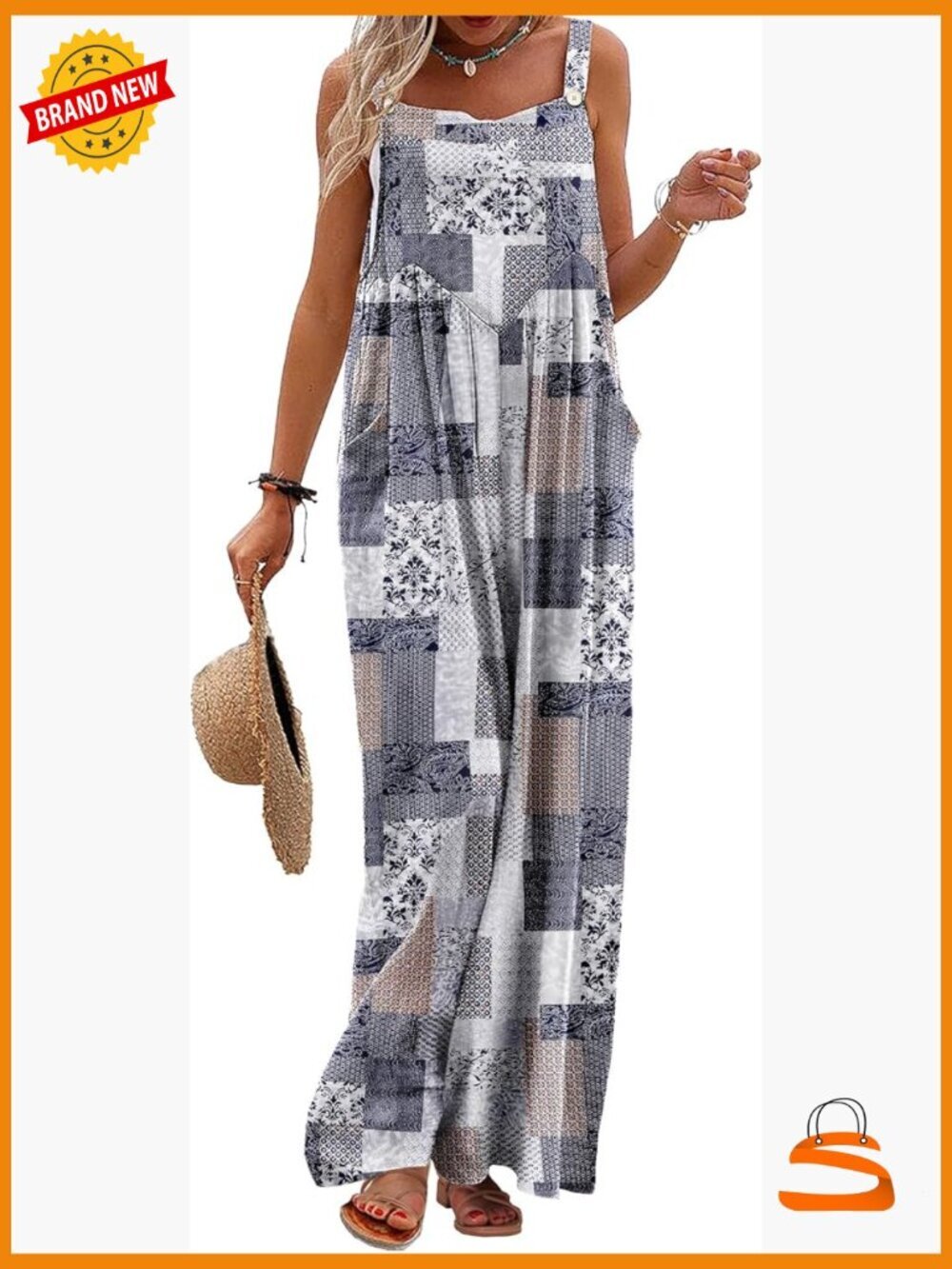 Women's Cotton Overalls Jumpsuit Wide Leg Loose Fit Boho Floral Pockets